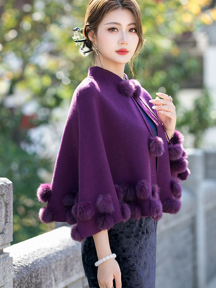 Burgundy Woman Winter Cape Poncho Shawl with Faux Fur Pom Pom
