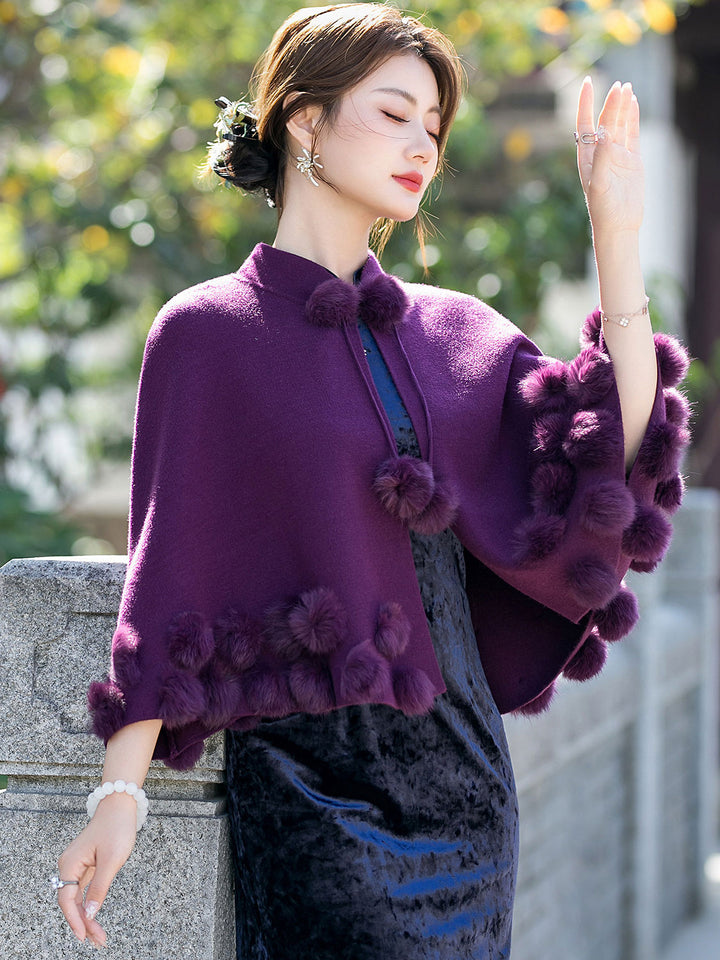 Burgundy Woman Winter Cape Poncho Shawl with Faux Fur Pom Pom