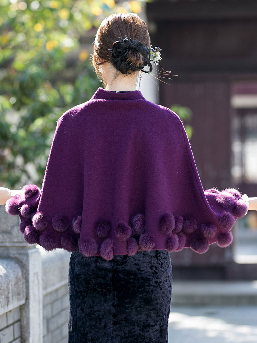Burgundy Woman Winter Cape Poncho Shawl with Faux Fur Pom Pom