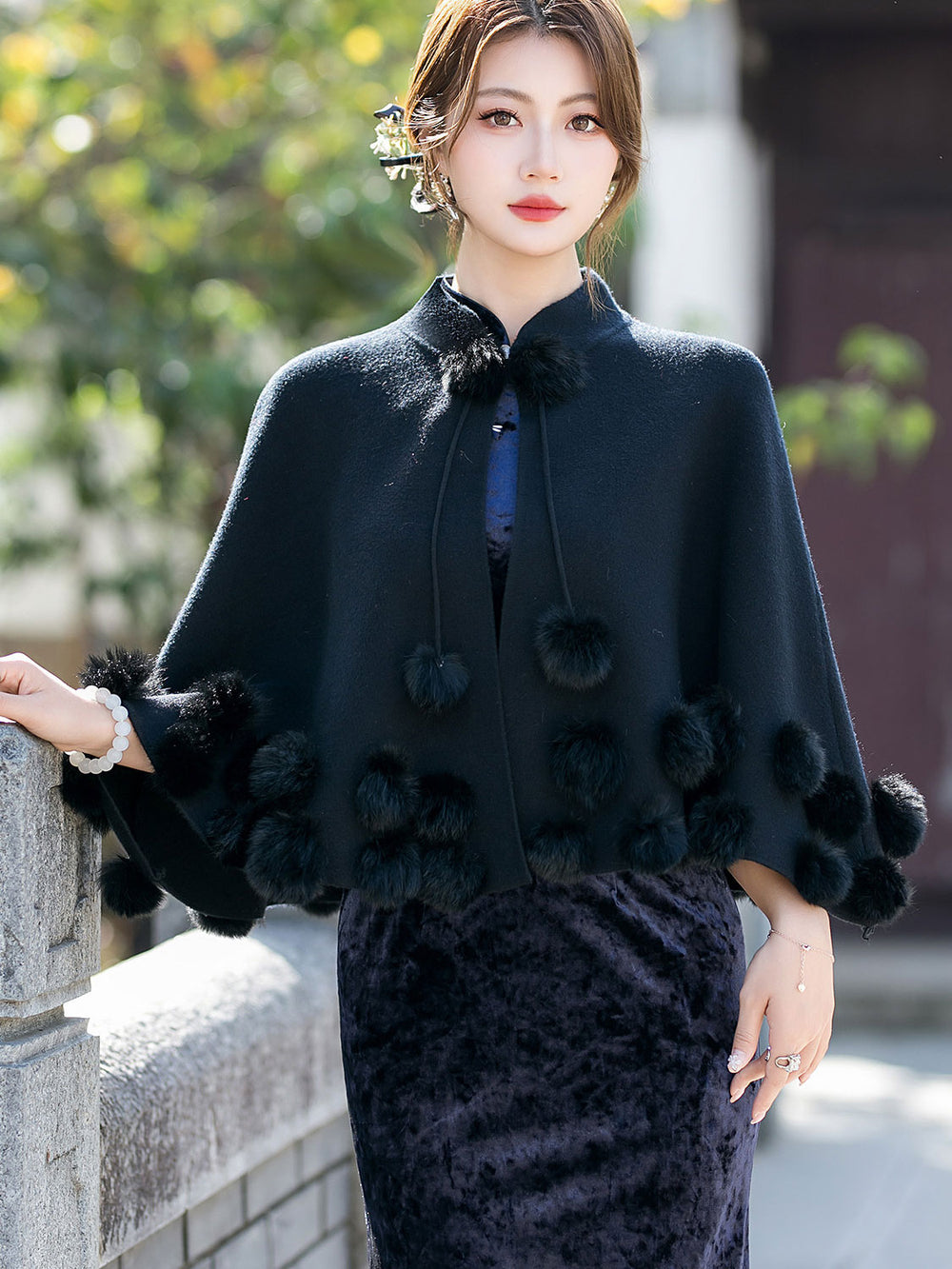 Burgundy Woman Winter Cape Poncho Shawl with Faux Fur Pom Pom