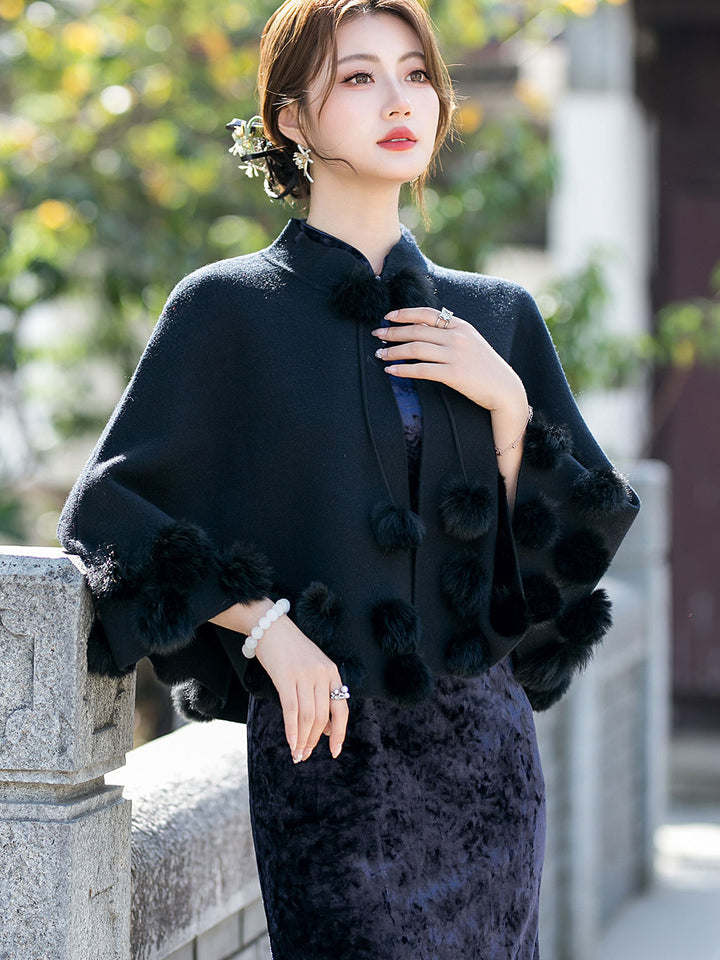 Burgundy Woman Winter Cape Poncho Shawl with Faux Fur Pom Pom