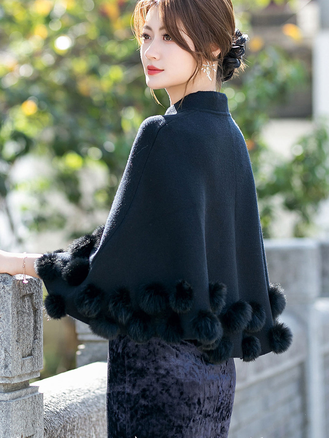 Burgundy Woman Winter Cape Poncho Shawl with Faux Fur Pom Pom