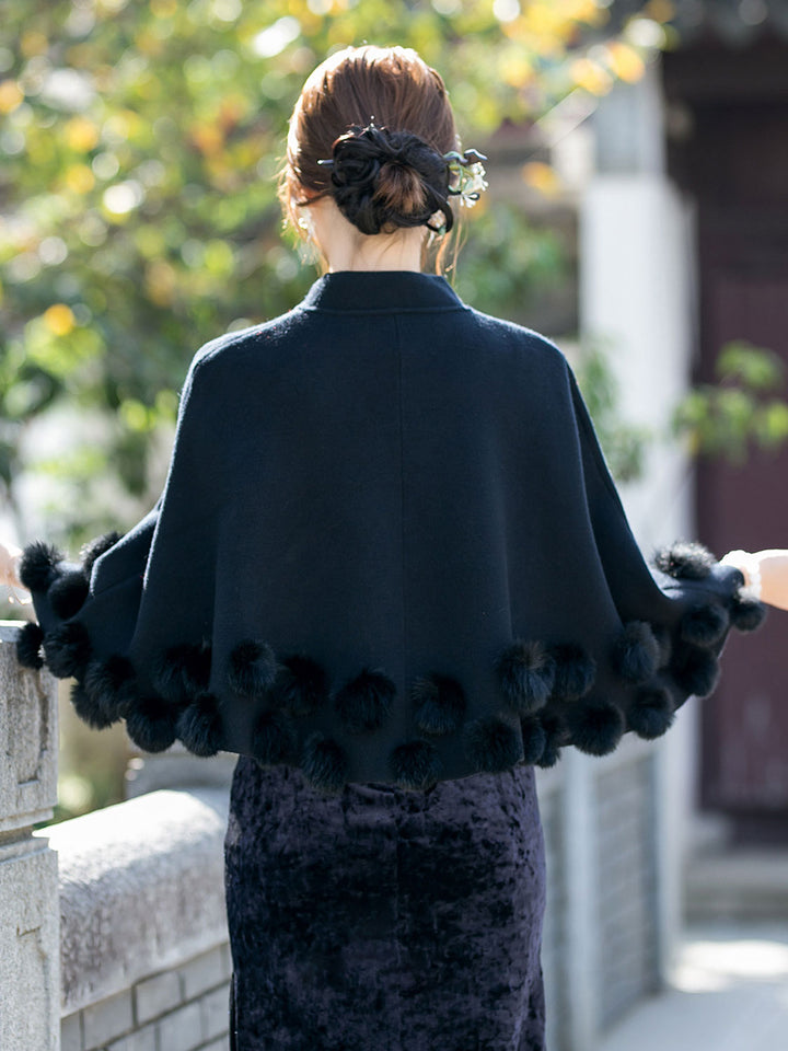 Burgundy Woman Winter Cape Poncho Shawl with Faux Fur Pom Pom