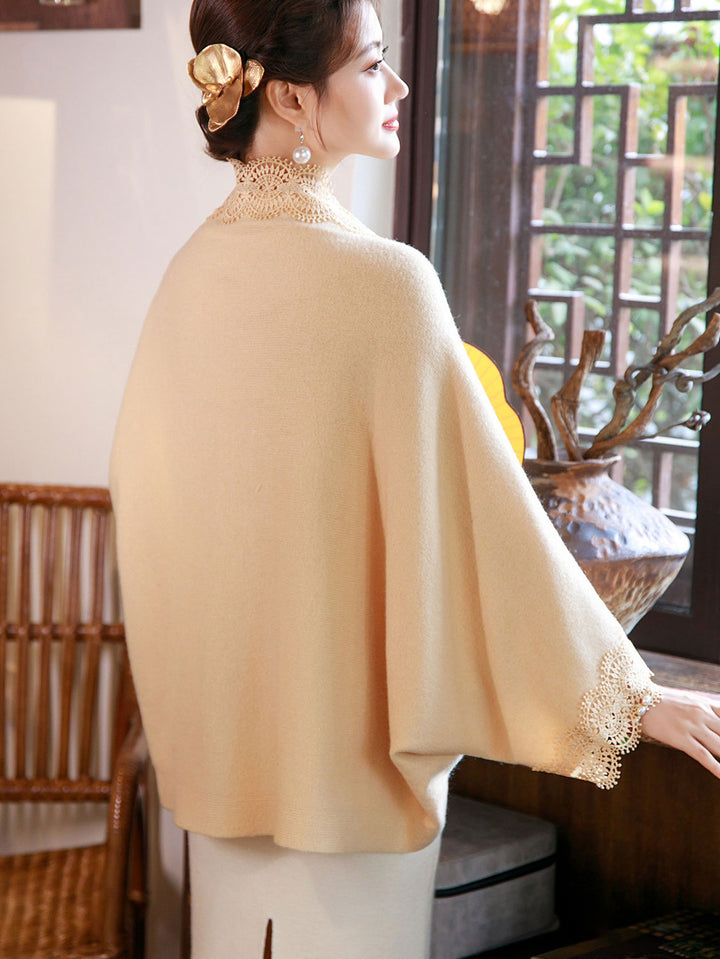 White Black Knit Open Front Cardigan with Crochet Lace Trim