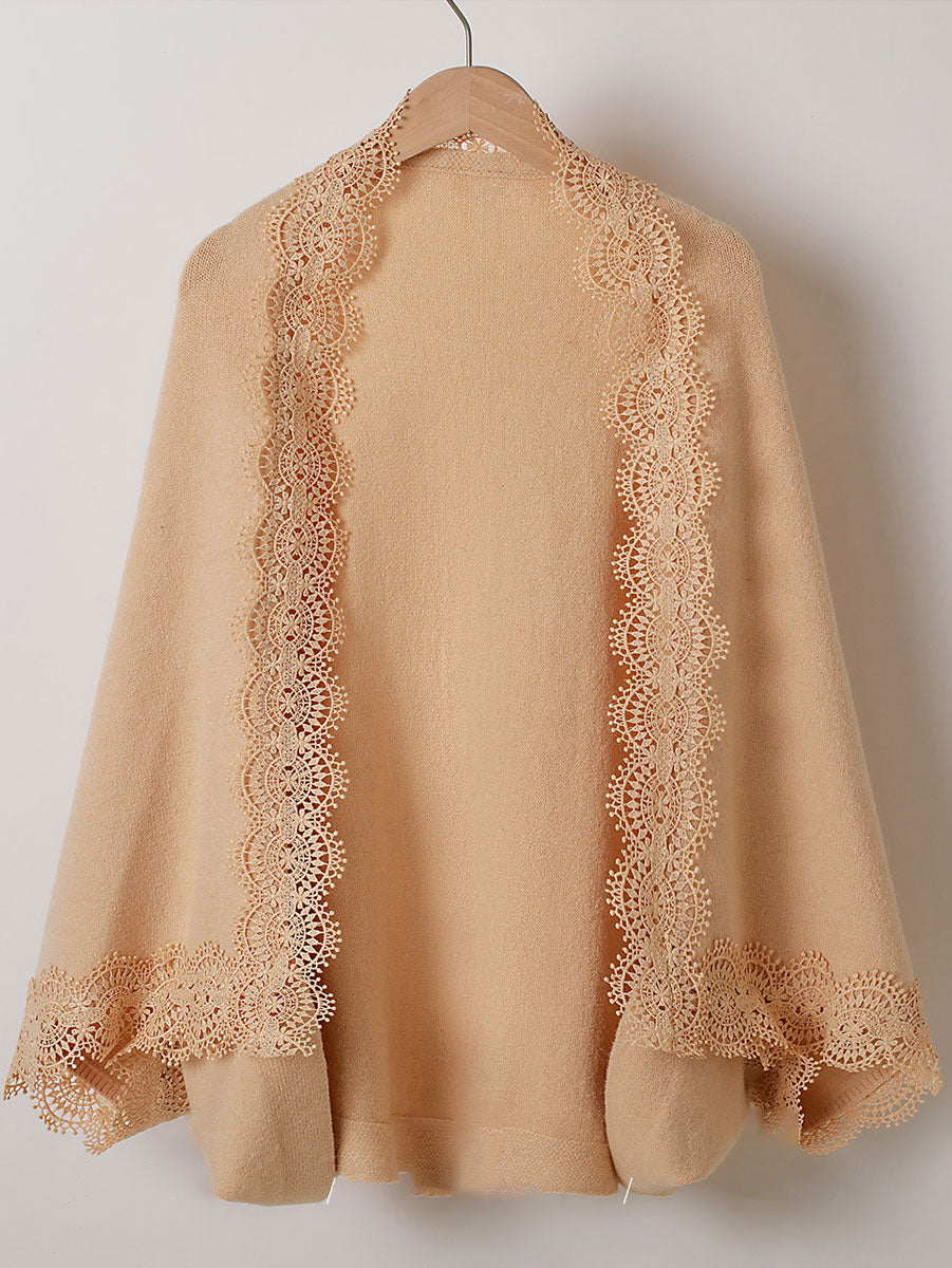White Black Knit Open Front Cardigan with Crochet Lace Trim