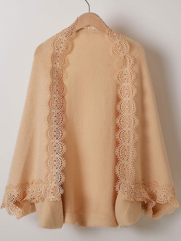 White Black Knit Open Front Cardigan with Crochet Lace Trim
