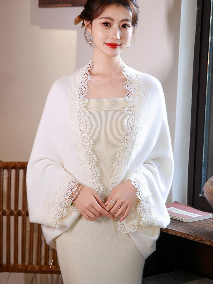 White Black Knit Open Front Cardigan with Crochet Lace Trim