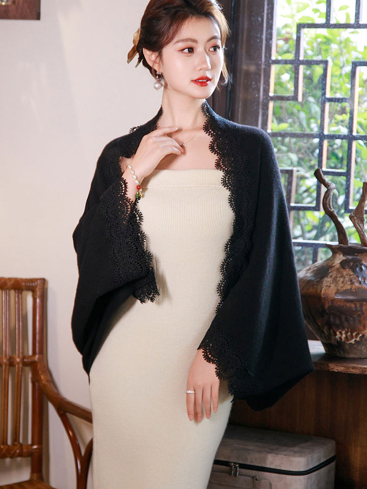 White Black Knit Open Front Cardigan with Crochet Lace Trim