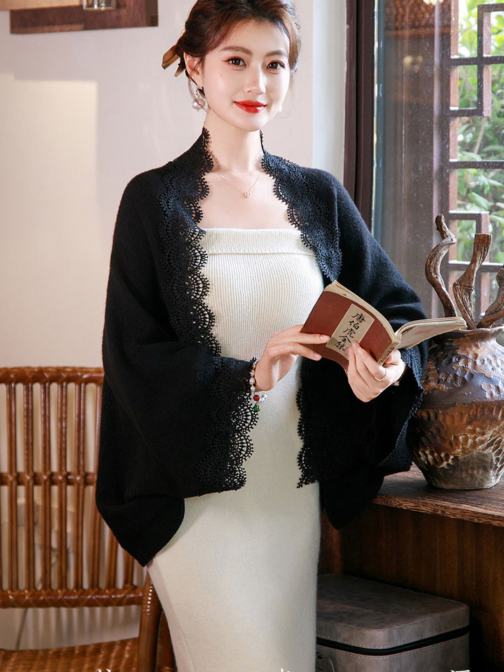 White Black Knit Open Front Cardigan with Crochet Lace Trim