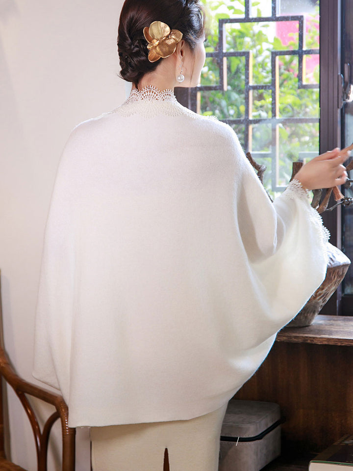 White Black Knit Open Front Cardigan with Crochet Lace Trim