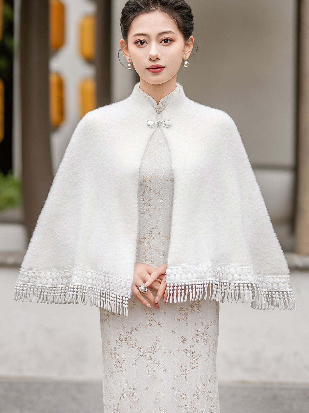 White Red Wedding Bridal Winter Cape Poncho with Tassel Trim