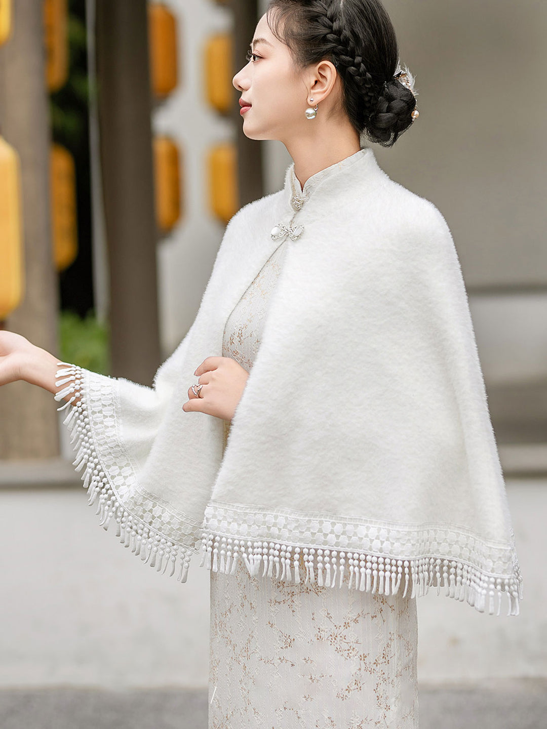 White Red Wedding Bridal Winter Cape Poncho with Tassel Trim