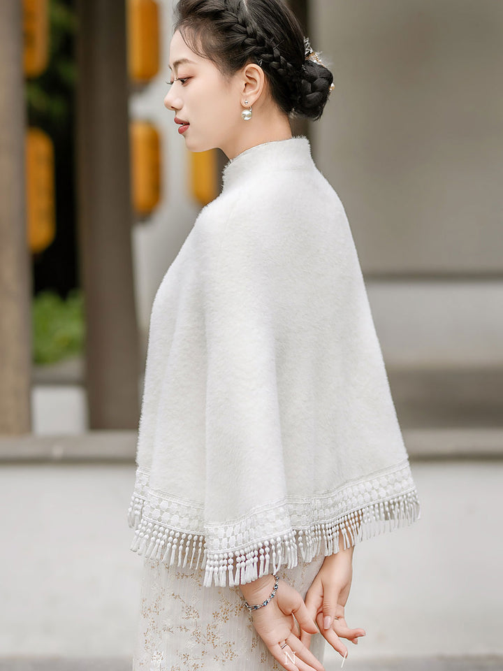 White Red Wedding Bridal Winter Cape Poncho with Tassel Trim
