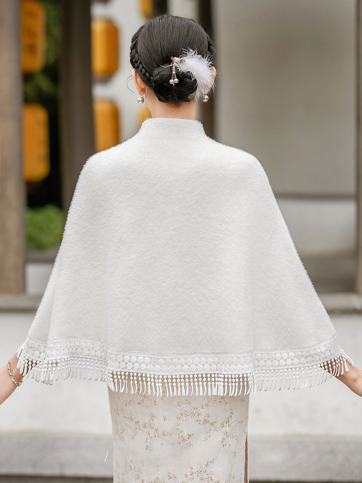 White Red Wedding Bridal Winter Cape Poncho with Tassel Trim