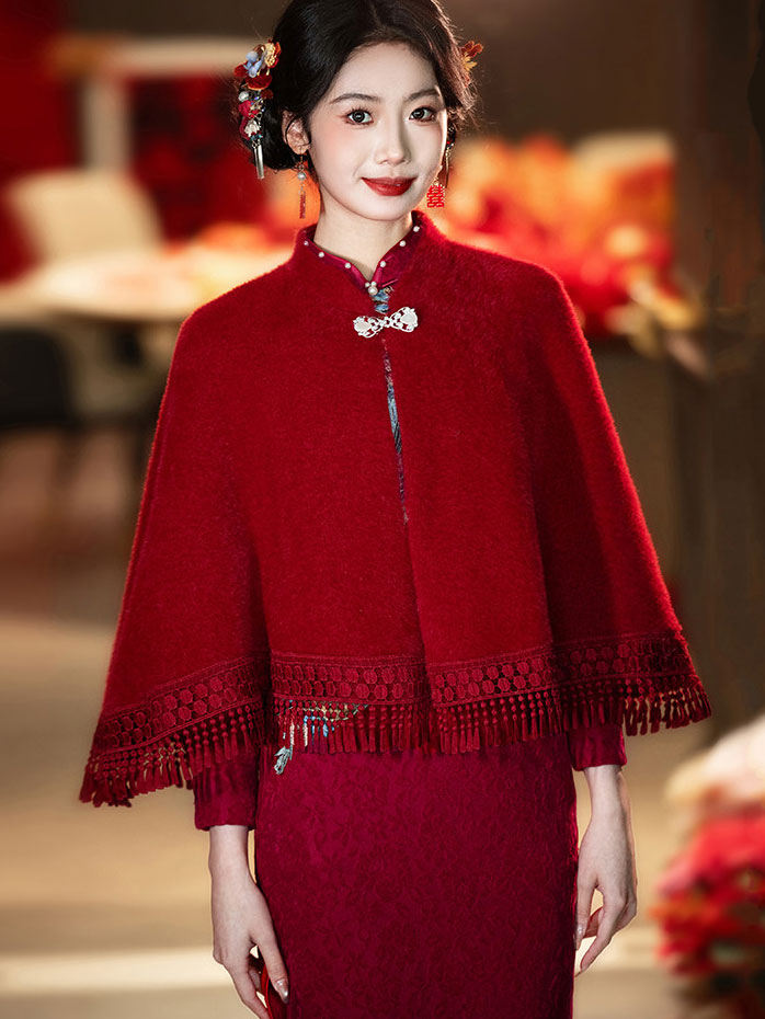 White Red Wedding Bridal Winter Cape Poncho with Tassel Trim