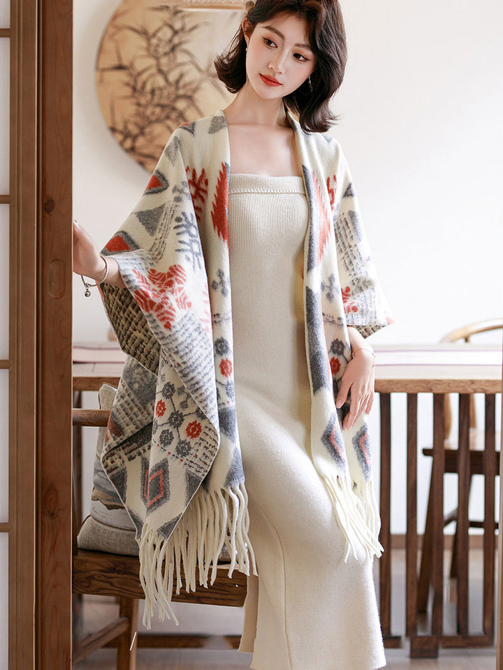 Woman Winter Open-Front Knit Wrap Poncho with Fringe Hem