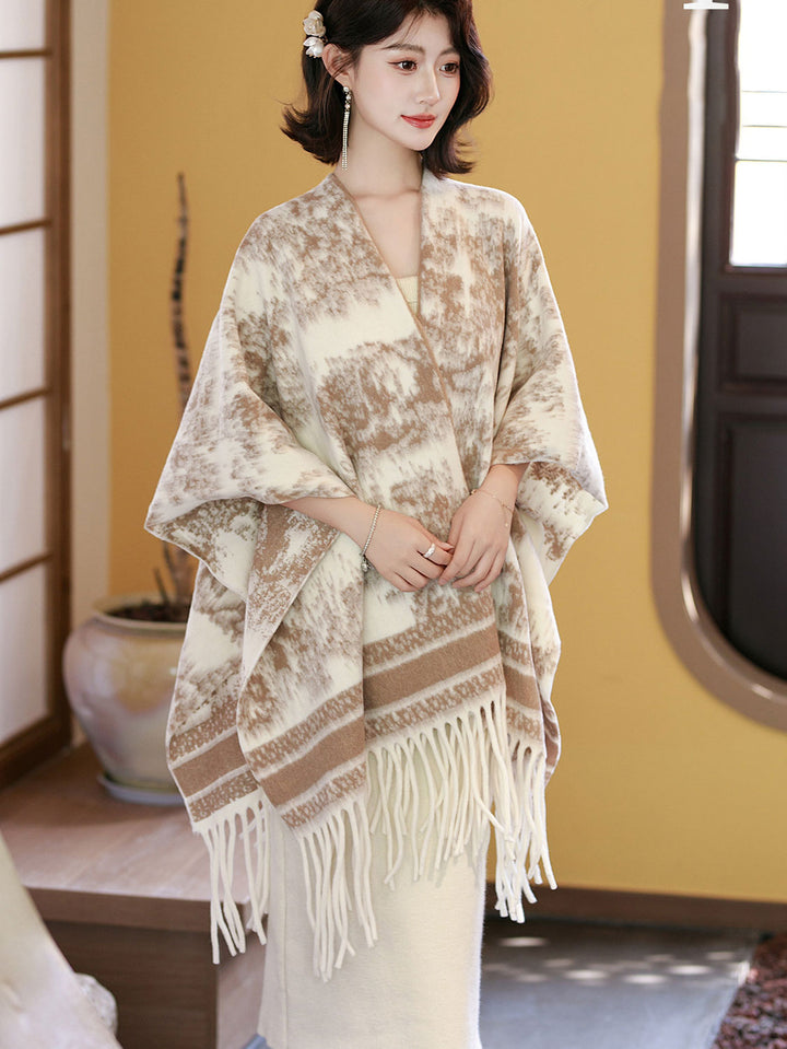 Woman Winter Open-Front Knit Wrap Poncho with Fringe Hem