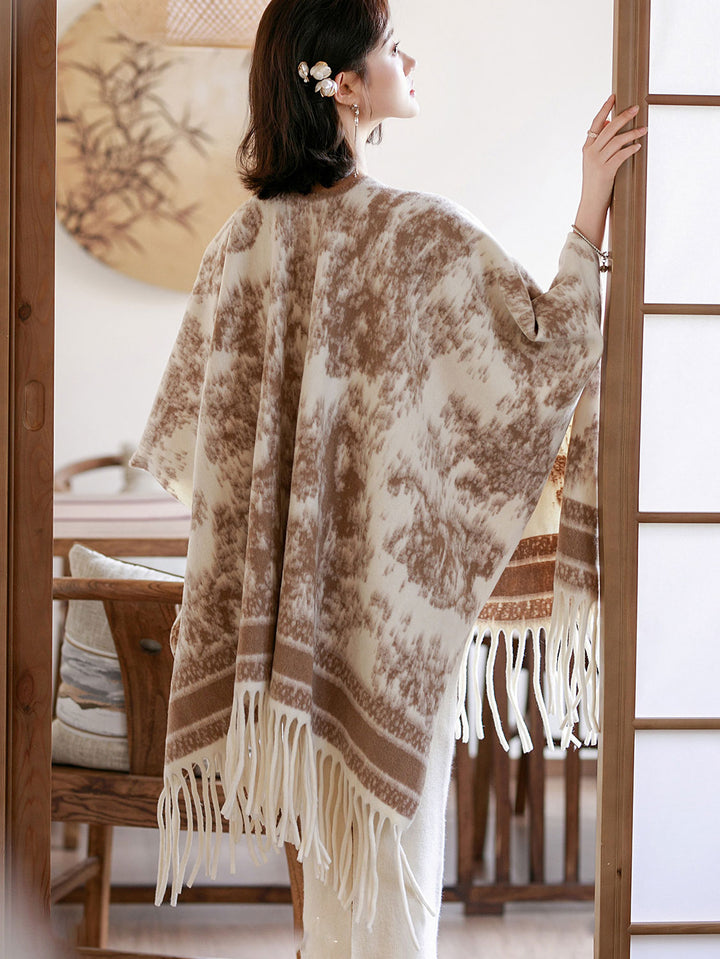 Woman Winter Open-Front Knit Wrap Poncho with Fringe Hem