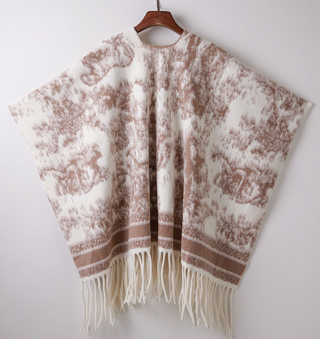Woman Winter Open-Front Knit Wrap Poncho with Fringe Hem