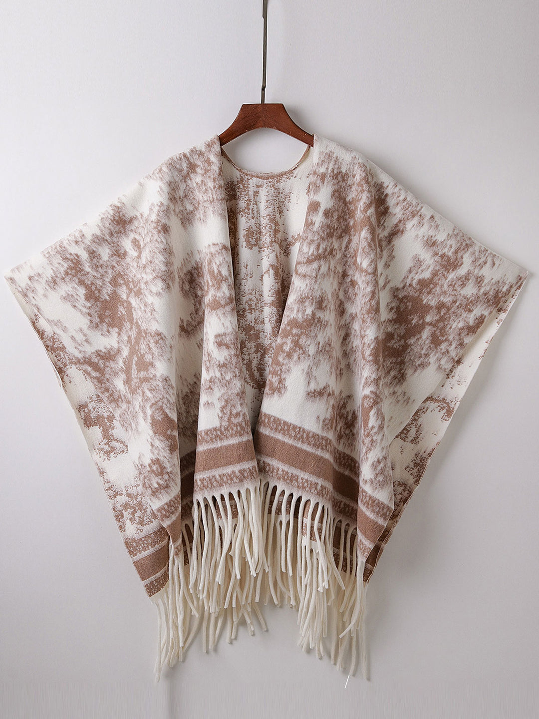 Woman Winter Open-Front Knit Wrap Poncho with Fringe Hem