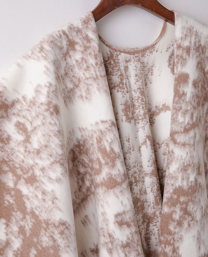Woman Winter Open-Front Knit Wrap Poncho with Fringe Hem