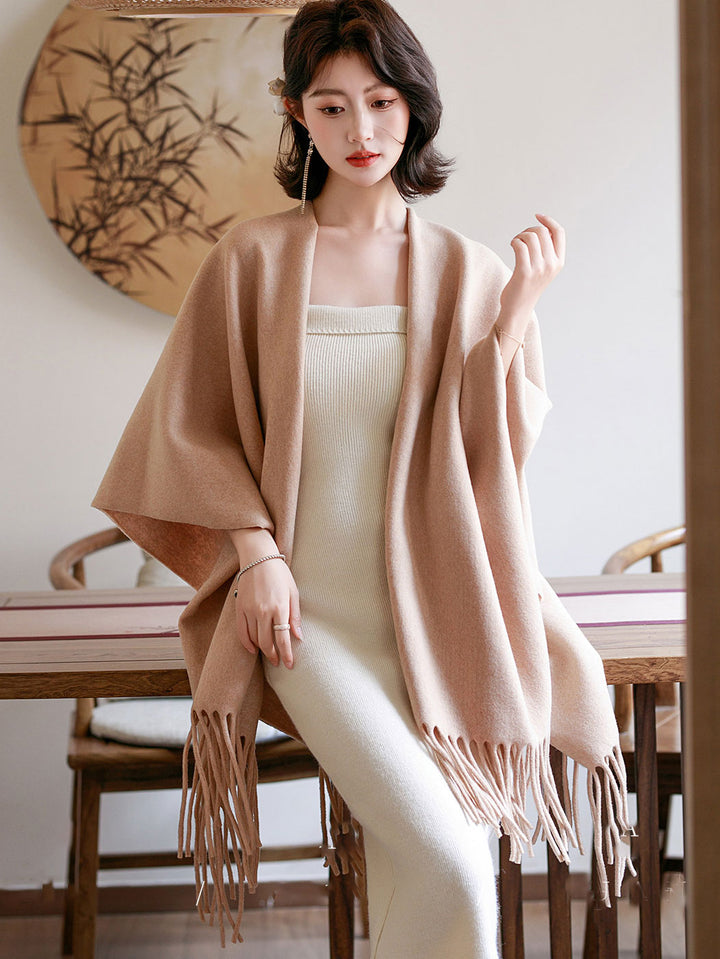 Woman Winter Open-Front Knit Wrap Poncho with Fringe Hem