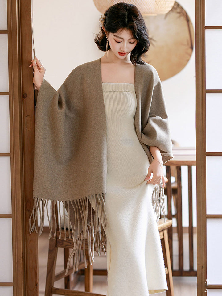 Woman Winter Open-Front Knit Wrap Poncho with Fringe Hem