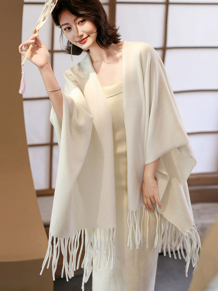 Woman Winter Open-Front Knit Wrap Poncho with Fringe Hem