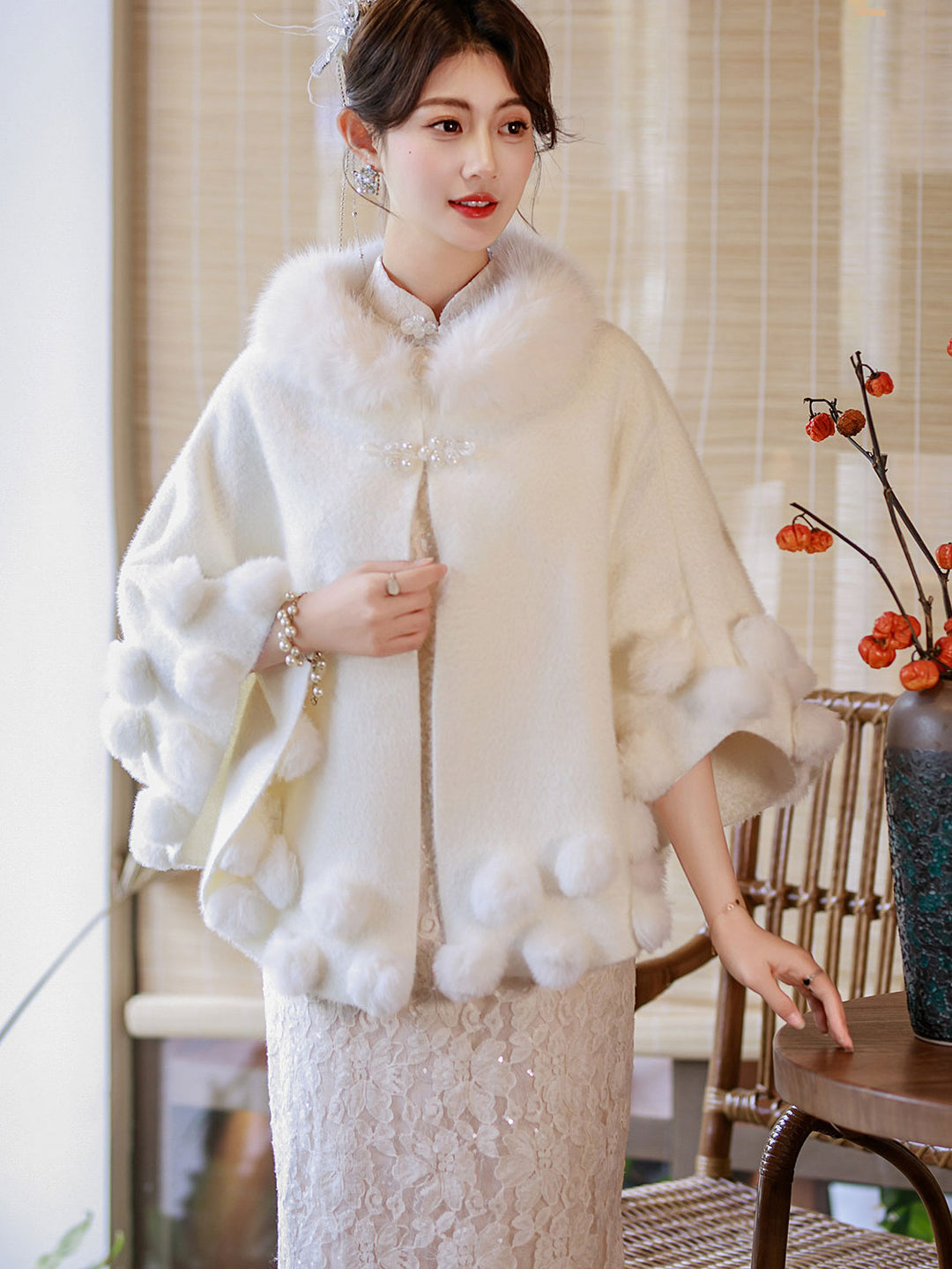 White Wedding Bridal Faux Fur Cape Wrap with Pom-Pom Trim