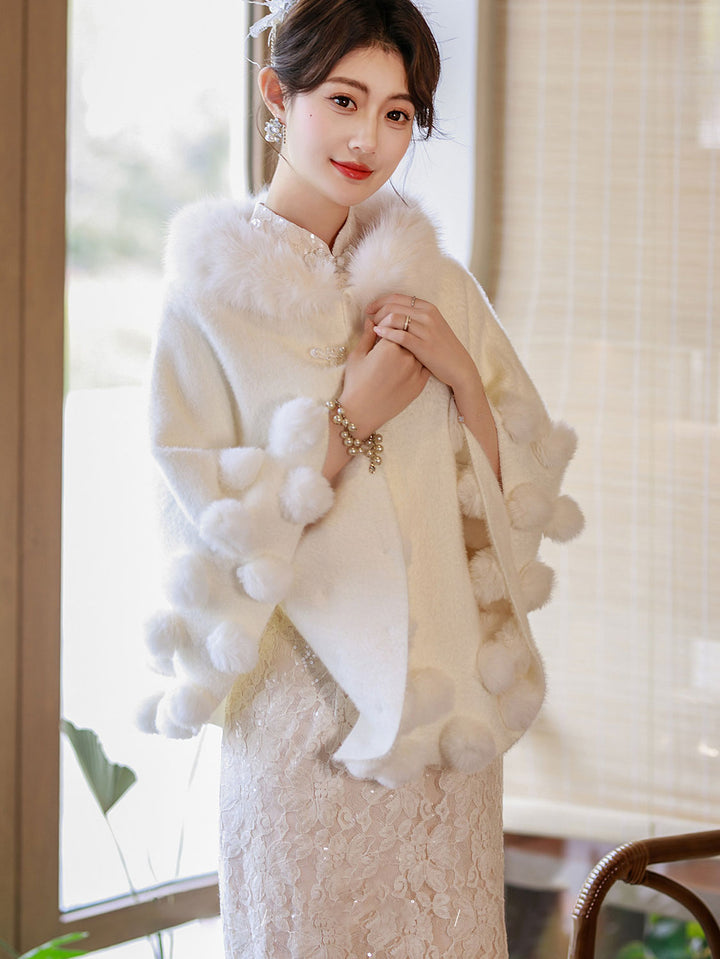 White Wedding Bridal Faux Fur Cape Wrap with Pom-Pom Trim