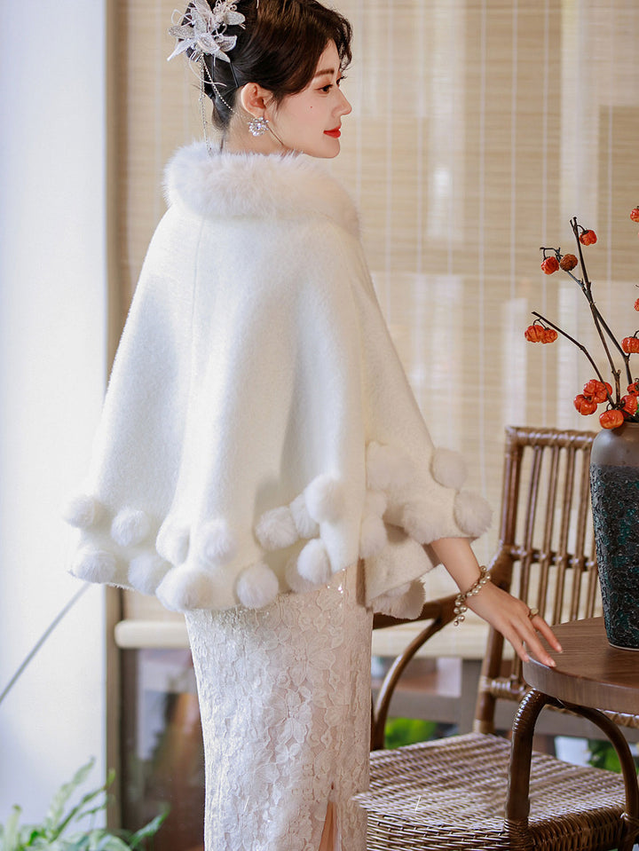 White Wedding Bridal Faux Fur Cape Wrap with Pom-Pom Trim
