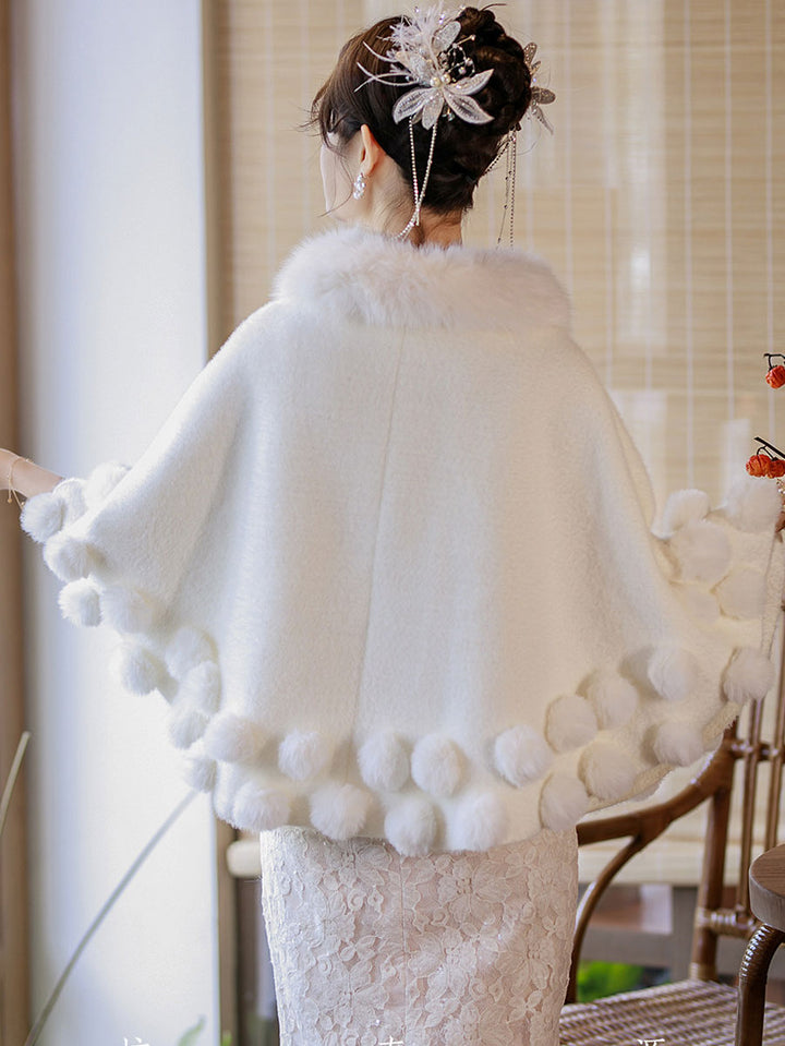 White Wedding Bridal Faux Fur Cape Wrap with Pom-Pom Trim