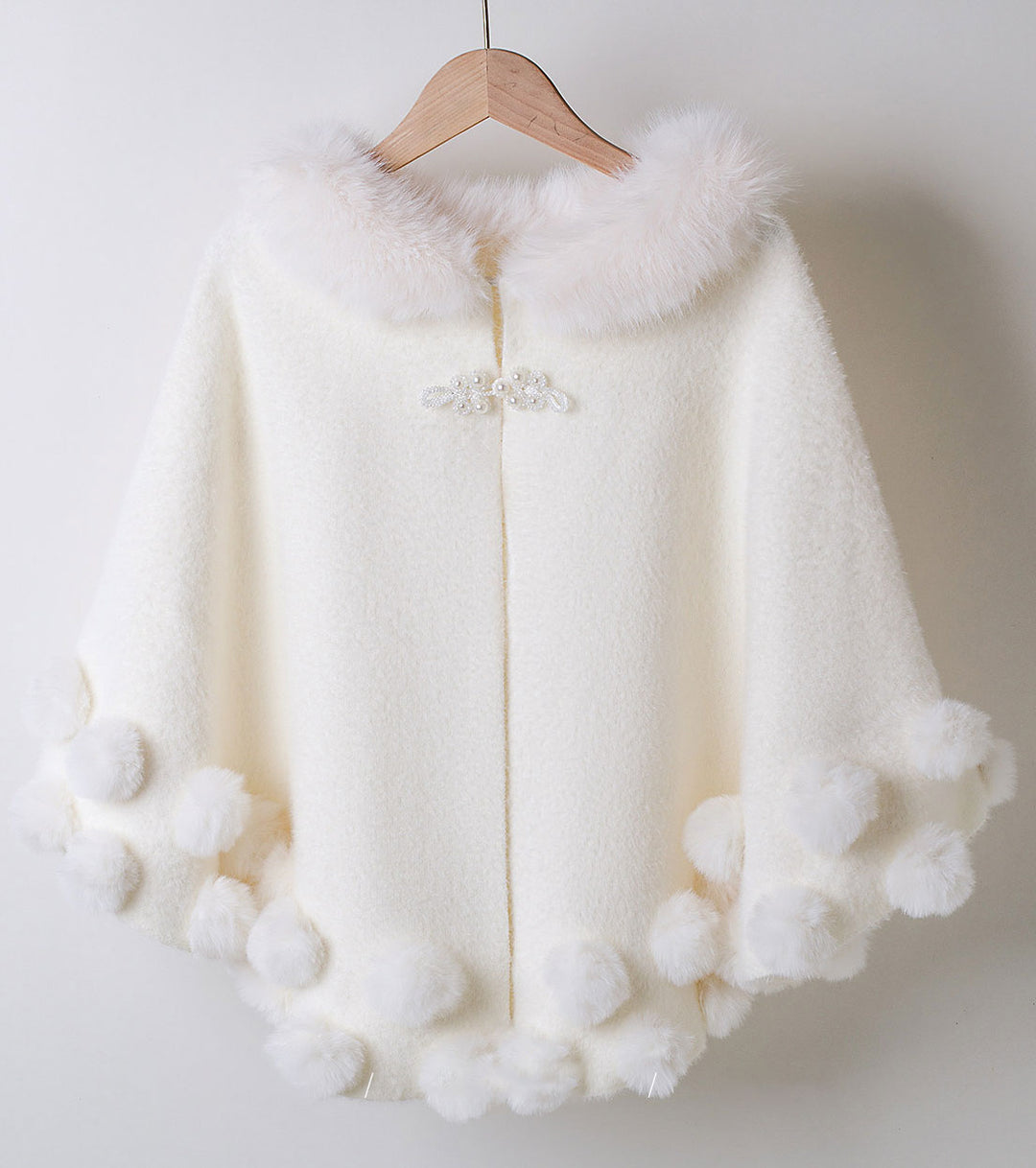 White Wedding Bridal Faux Fur Cape Wrap with Pom-Pom Trim
