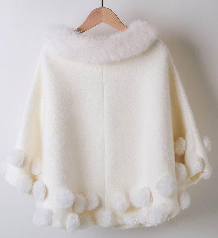 White Wedding Bridal Faux Fur Cape Wrap with Pom-Pom Trim