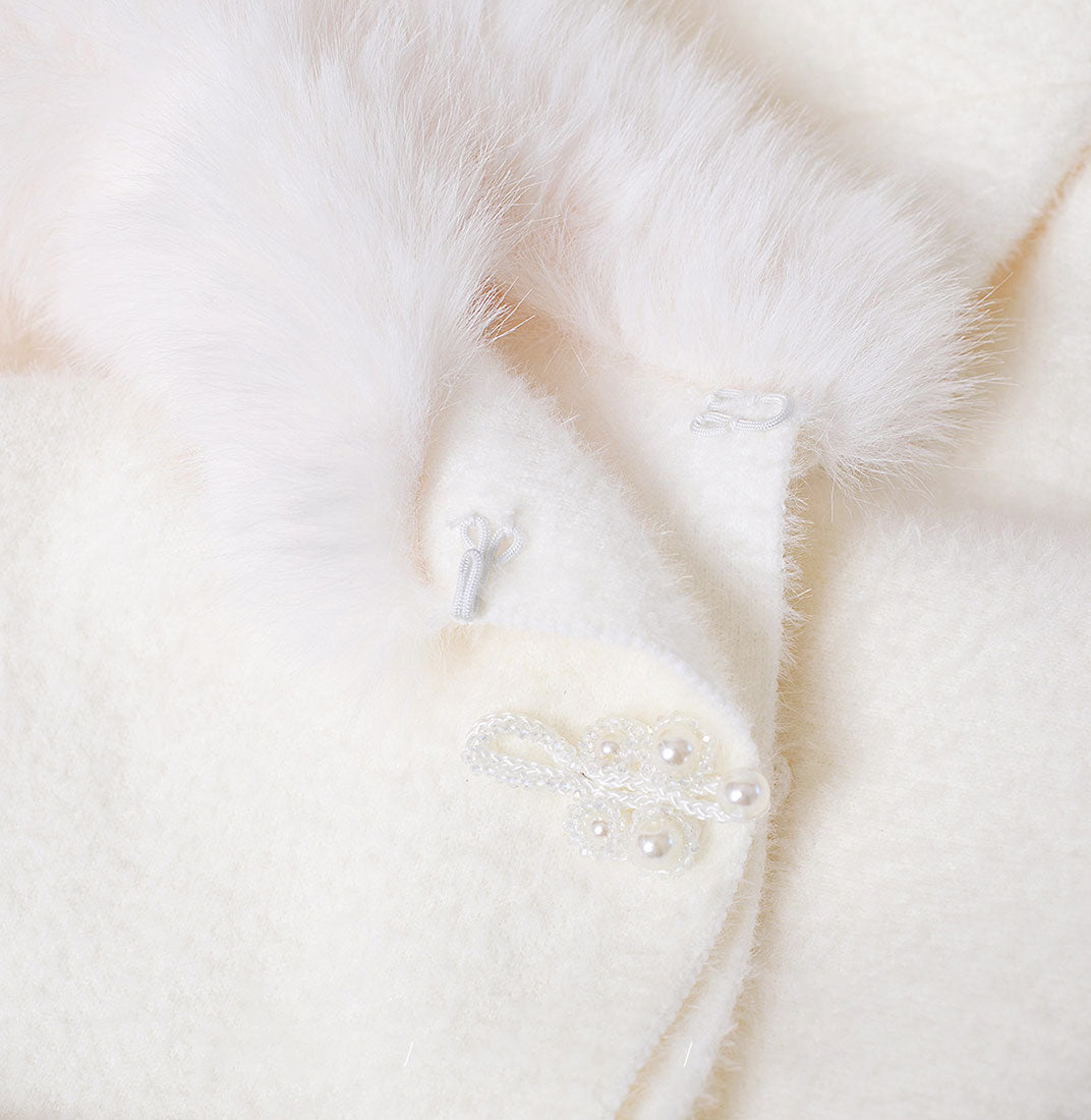 White Wedding Bridal Faux Fur Cape Wrap with Pom-Pom Trim