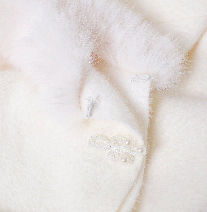 White Wedding Bridal Faux Fur Cape Wrap with Pom-Pom Trim