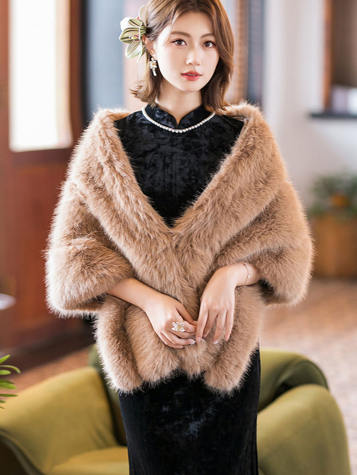 White Camel Women Wedding Party Faux Fur Shawl Wrap Shawl