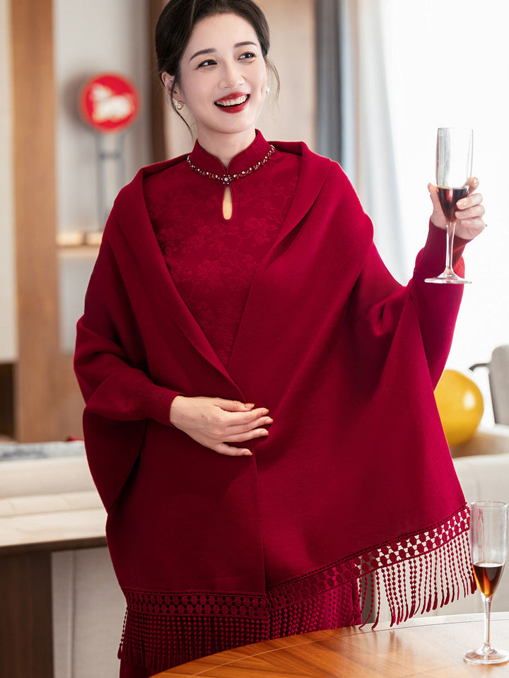 Red Purple Women Knit Shawl Wrap Poncho with Fringe Hem