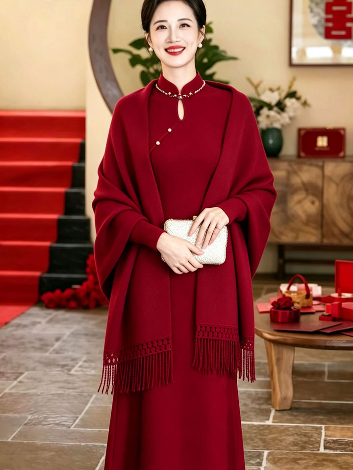 Red Purple Women Knit Shawl Wrap Poncho with Fringe Hem