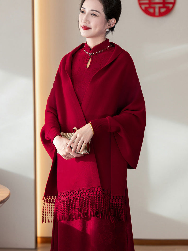 Red Purple Women Knit Shawl Wrap Poncho with Fringe Hem