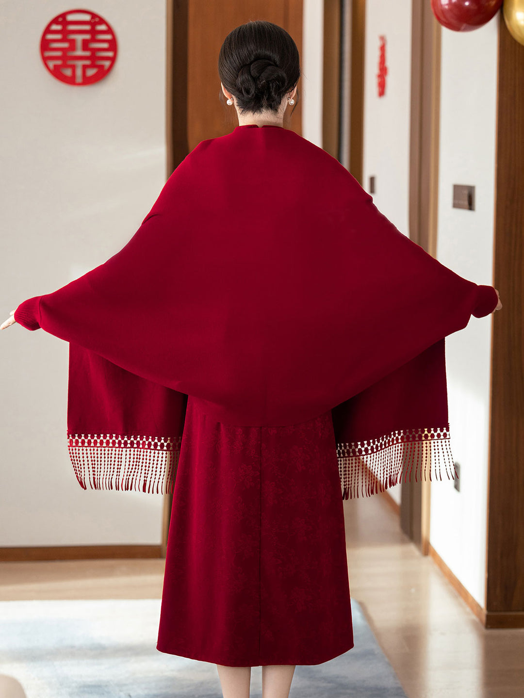 Red Purple Women Knit Shawl Wrap Poncho with Fringe Hem