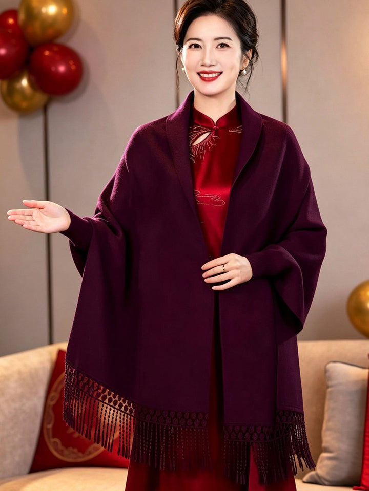 Red Purple Women Knit Shawl Wrap Poncho with Fringe Hem