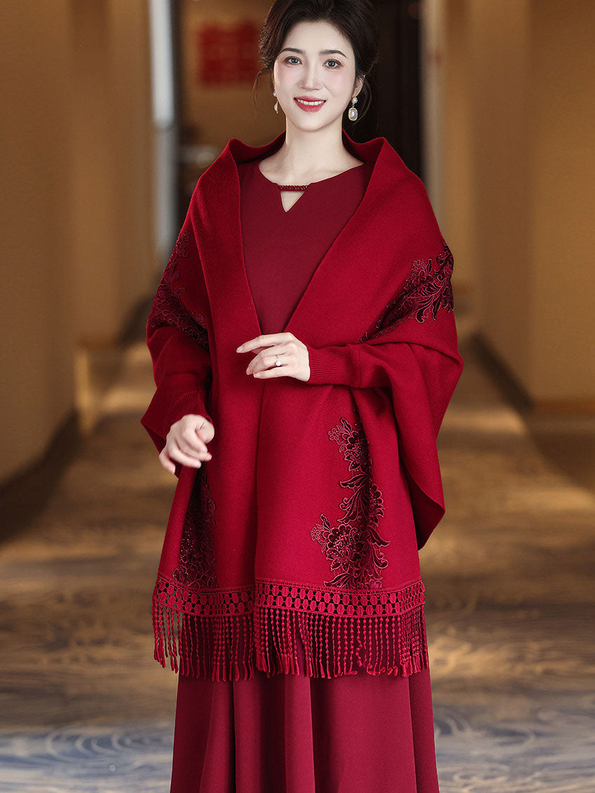 Red Purple Women Knit Shawl Wrap Poncho with Fringe Hem