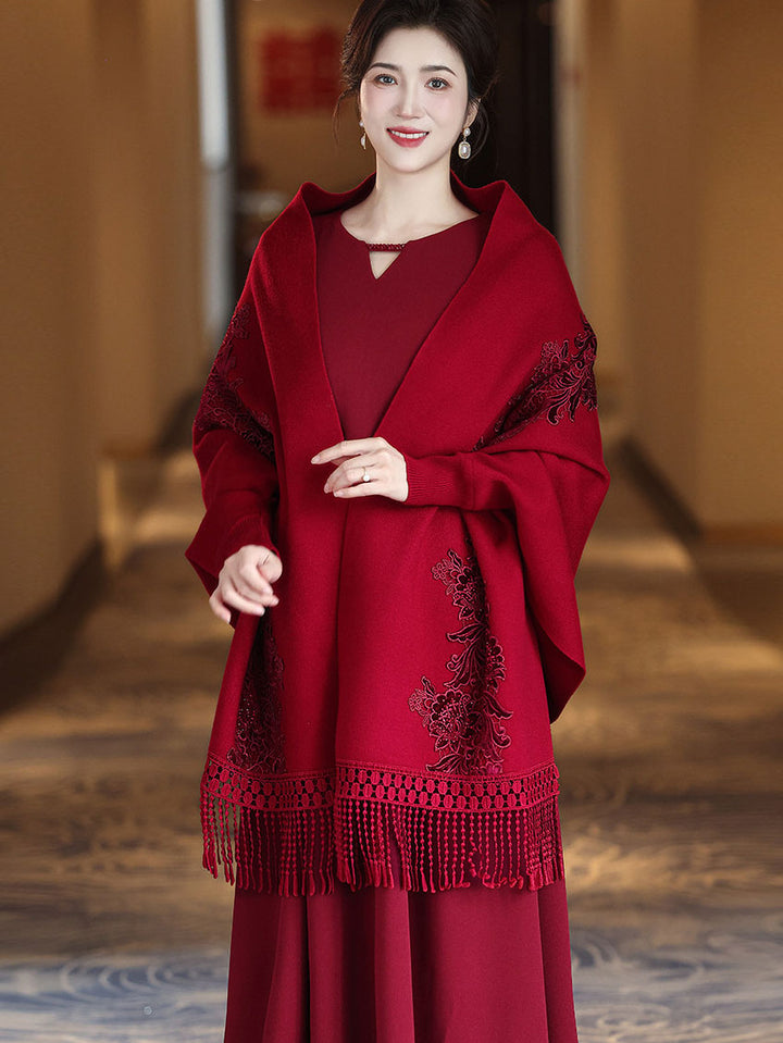 Red Purple Women Knit Shawl Wrap Poncho with Fringe Hem