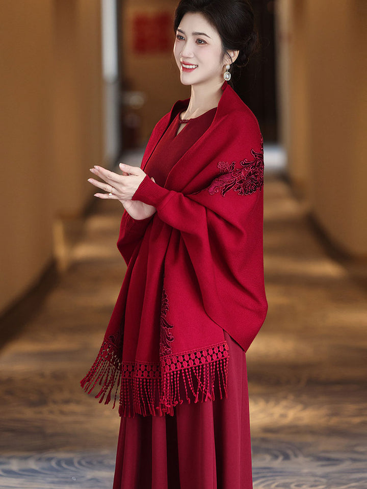 Red Purple Women Knit Shawl Wrap Poncho with Fringe Hem