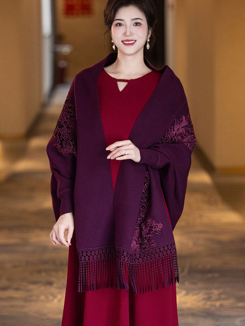 Red Purple Women Knit Shawl Wrap Poncho with Fringe Hem