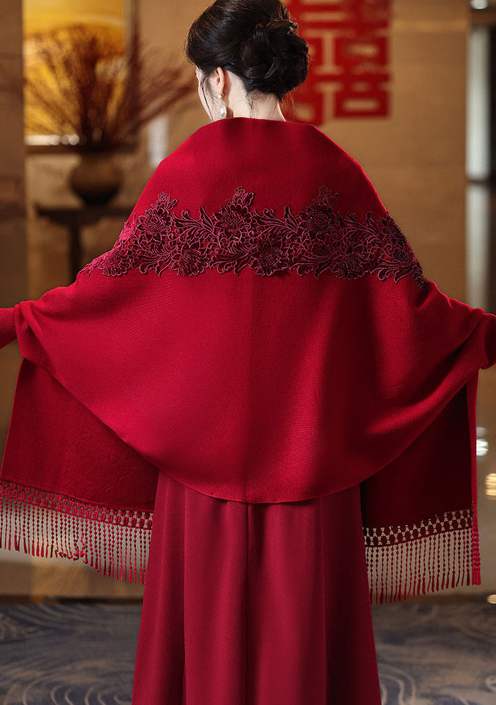 Red Purple Women Knit Shawl Wrap Poncho with Fringe Hem