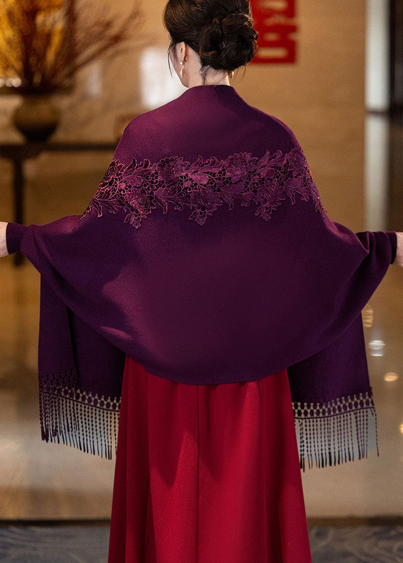 Red Purple Women Knit Shawl Wrap Poncho with Fringe Hem
