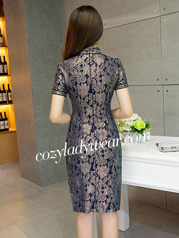Bronzing Floral Lace Knee Length Qipao Cheongsam Dress