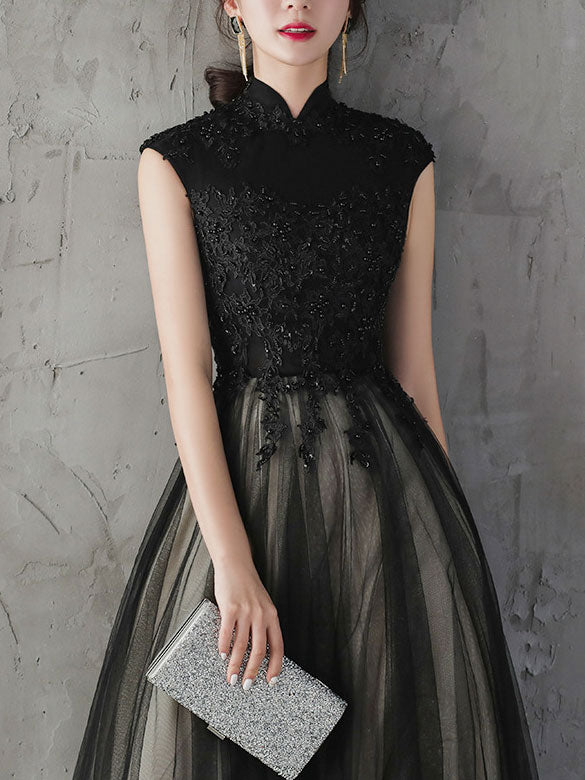 Black Midi Ball Tulle Qipao Cheongsam Evening Dress